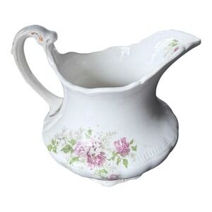 Antique Ironstone Floral Pitcher Pink Rose Gold Gilt Victorian Creamer 4.5in